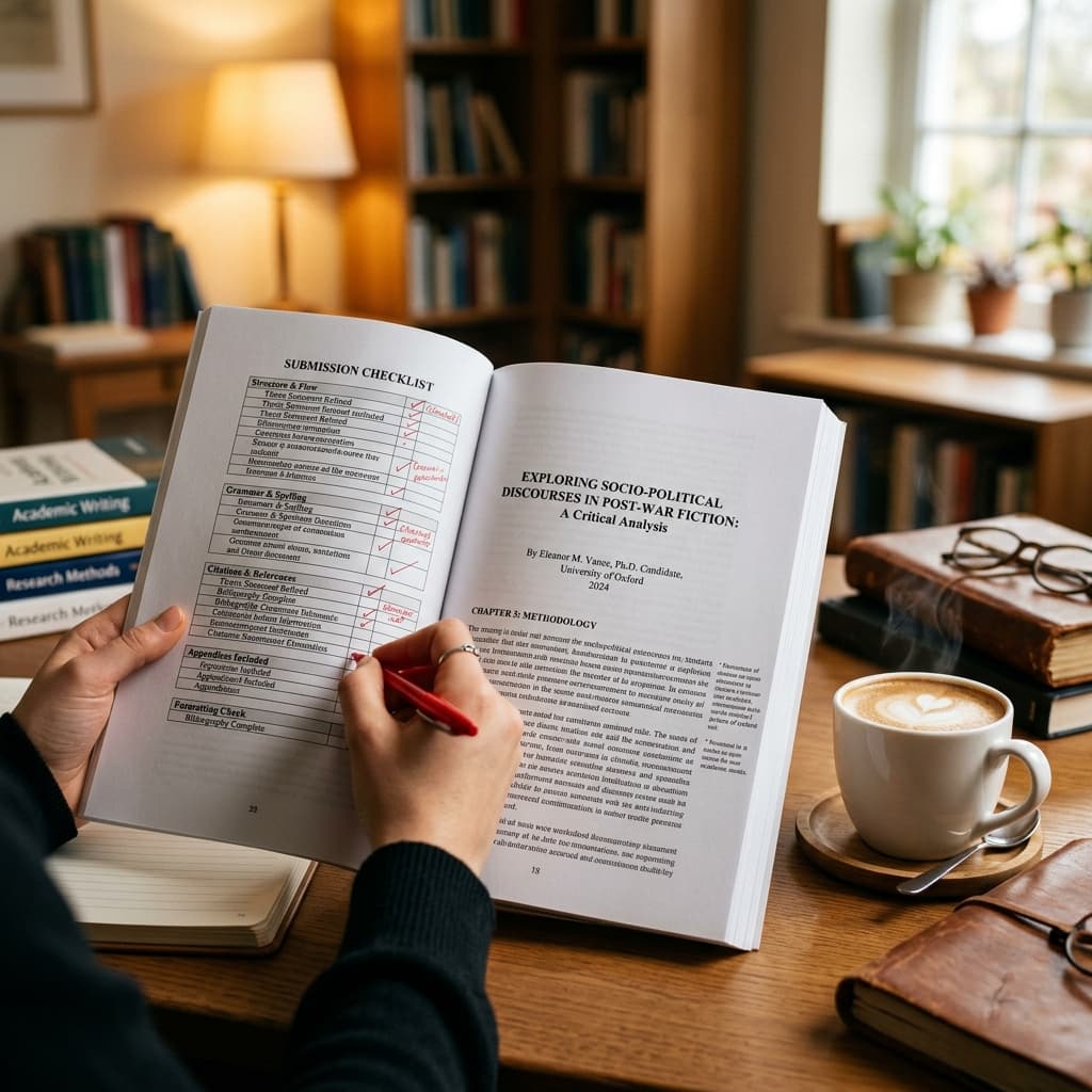 Dissertation draft, calendar, and proofreading notes showing turnaround planning