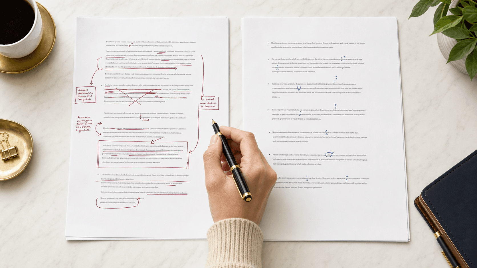 Human editor comparing proofreading marks with automated editing suggestions on a document