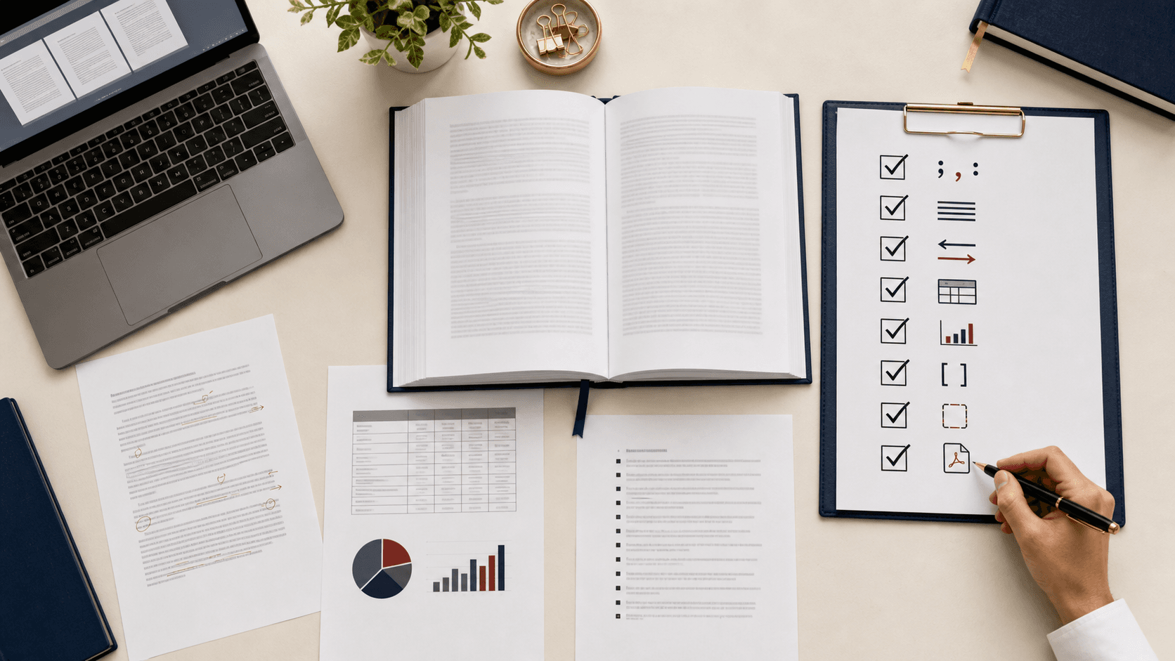 Doctoral thesis pages beside proofreading notes and cautious AI review prompts